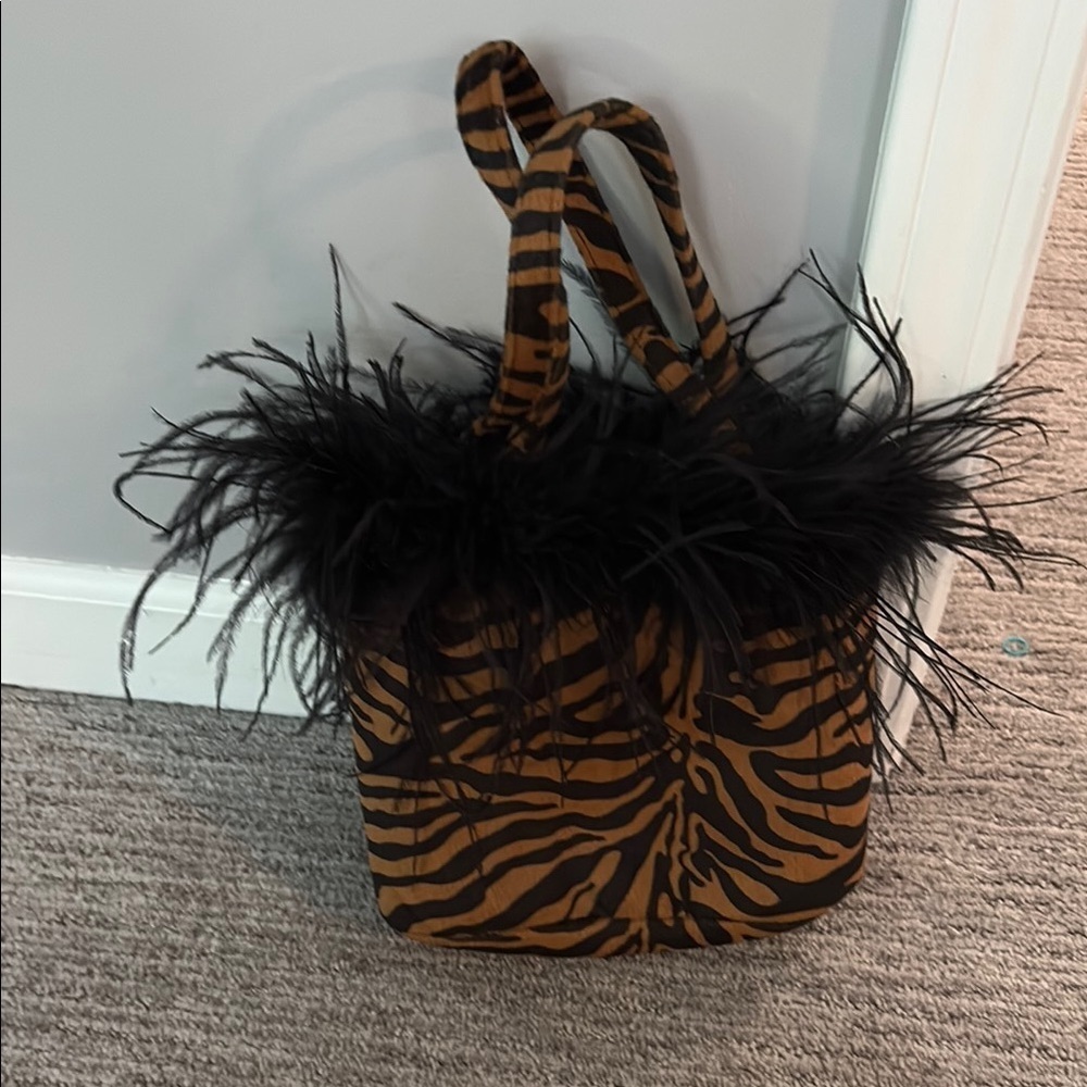Animal Print Tote Bag with Black Feather Trim